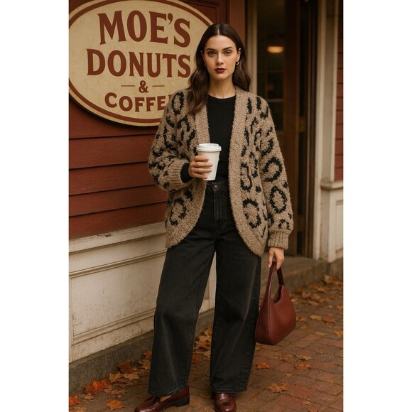 Rachel Zoe Leopard Print Cardigan S Open Front Sweater Jacket L Black Taupe - Picture 1 of 11